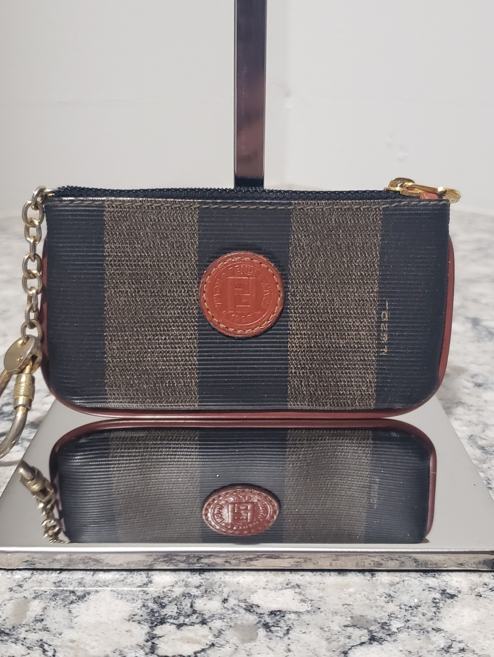 Fendi Pequin Logo Leather Card Key Coin Pouch Keychain
